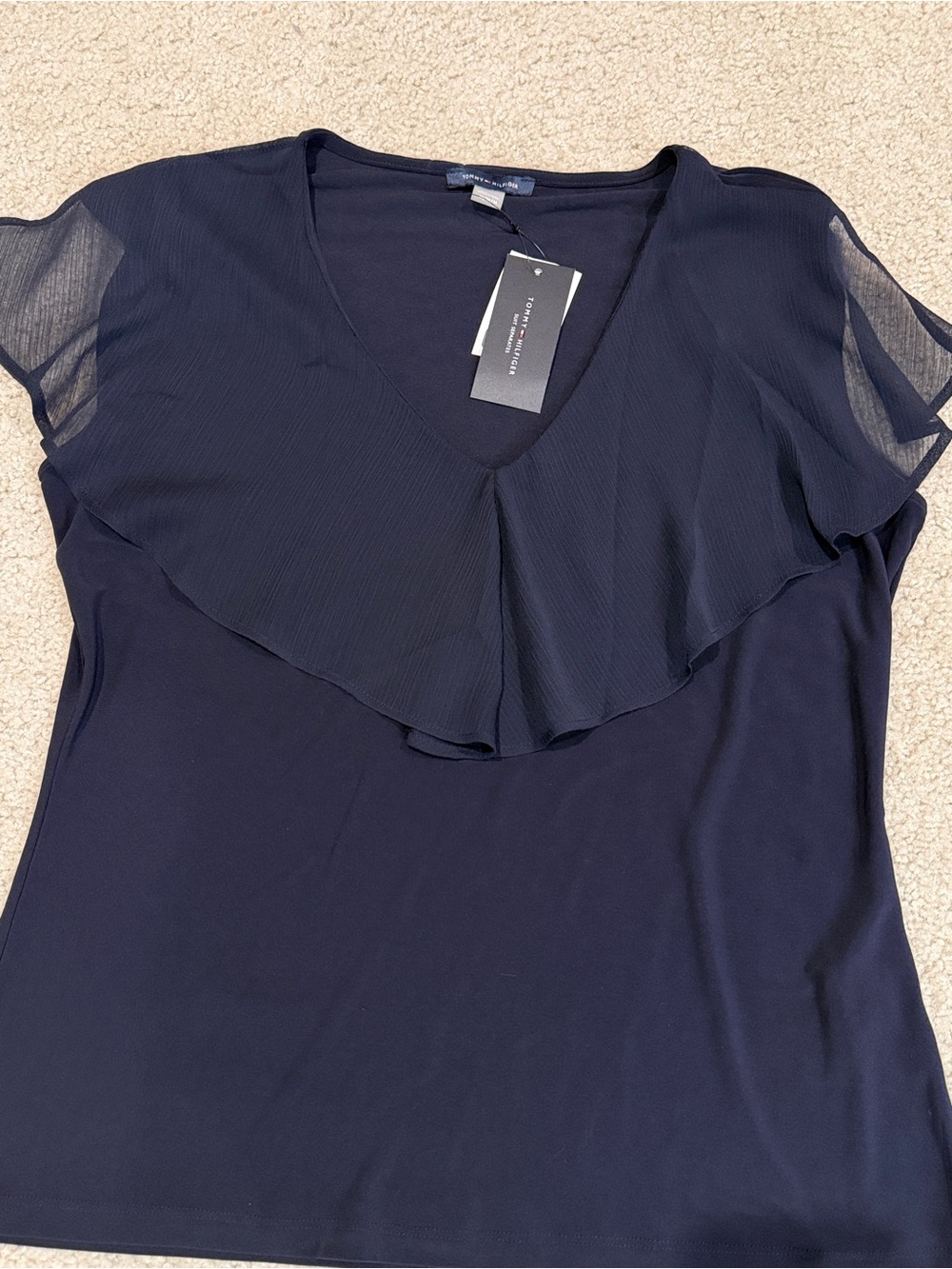 Tommy Hilfiger Navy Ruffle V-Neck Top